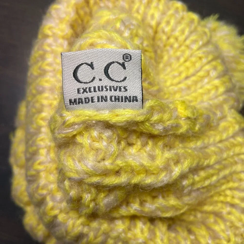 C.C. Kids Double Pom Beanie Yellow Knit Hat NWT